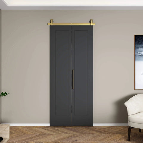 36 Inch By 84 Inch Bi-Fold Barn Door With Brushed Gold Hardware Kit, Hollow Core Interior Folding Sliding Door In Textured Black