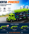 Foldable Two Layer Car Carrier Truck With 33 Inch Race Track And Six Metal Cars displayed showing inertia-powered play features.