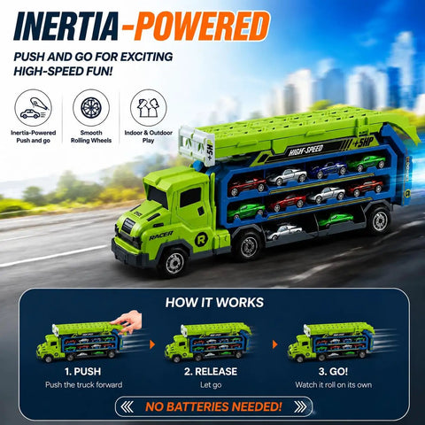 Foldable Two Layer Car Carrier Truck With 33 Inch Race Track And Six Metal Cars displayed showing inertia-powered play features.