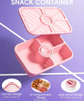 Pink 4 Compartment Bento Snack Box with Lids 1100ml Capacity, Stackable Lunch Containers for Meal Prep and Portion Control, Sauce Cups included