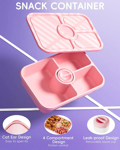 Pink 4 Compartment Bento Snack Box with Lids 1100ml Capacity, Stackable Lunch Containers for Meal Prep and Portion Control, Sauce Cups included