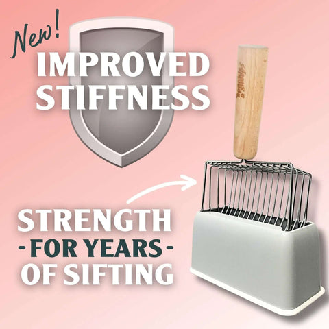 5X Faster No Shake Metal Cat Litter Scoop With Stainless Steel Sifting Design And Holder, improved stiffness display