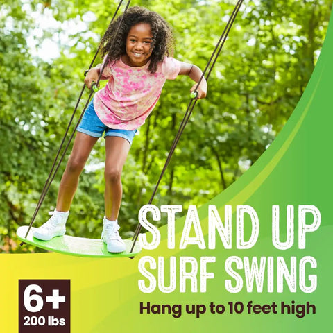 Child on Stand Up Tree Swing For Kids With Adjustable Handles, Surf Style Kick Swing, Easy Install Outdoor Swingset, Green Board