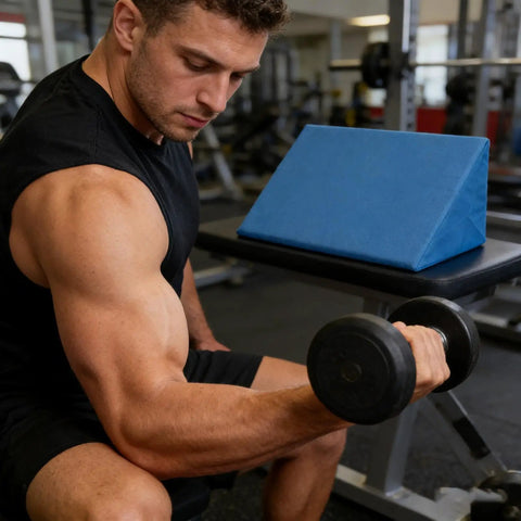 Man using curl pad for barbell home gym arm day workout cushioned bicep tricep forearm support bench cushion for concentrated curl training
