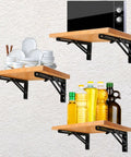 Legit Heavy Duty Black Folding Shelf Brackets Wall Mount Supports Rock Solid 150 Lb Load Capacity Pack Of Two with wooden shelves and kitchen items.