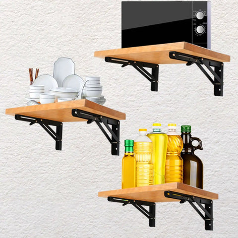 Heavy Duty Metal Shelf Brackets For Wall Mounted Folding Shelves Collapsible Stainless Steel Supports DIY Home Setup Built Like A Tank To Hold A Ton 400X175Mm with wooden shelves holding kitchen items.