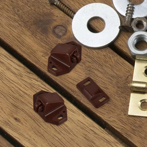 20 Pack Plastic Ball Catch Latches for Cabinets and Cupboards on table with screws and washers