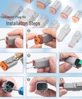 Installation steps for DT 2 Pin Connector Kit Waterproof Automotive Wire Connectors featuring 5 Pairs Gray DT04 2P Male and DT06 2S Female