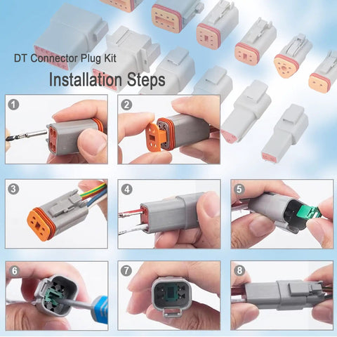 Installation steps for DT 2 Pin Connector Kit Waterproof Automotive Wire Connectors featuring 5 Pairs Gray DT04 2P Male and DT06 2S Female