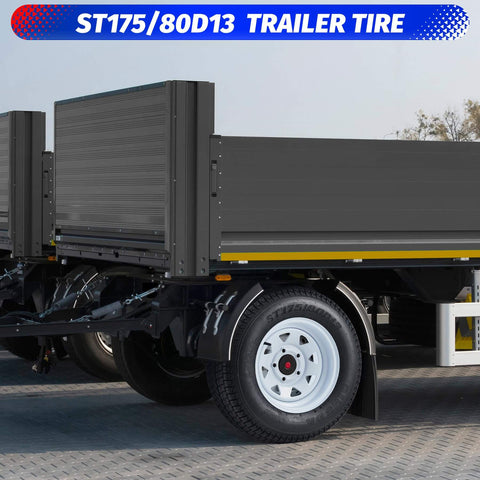 Side view of Trailer Tire And Wheel Set With ST175/80D13 Tire On 13 Inch Rims, 5 Lug On 4.5 Inch Bolt Pattern, Load Range C, 6PR, 50 Psi Max, White 13x5 Wheels, Set Of 2 installed on a trailer.