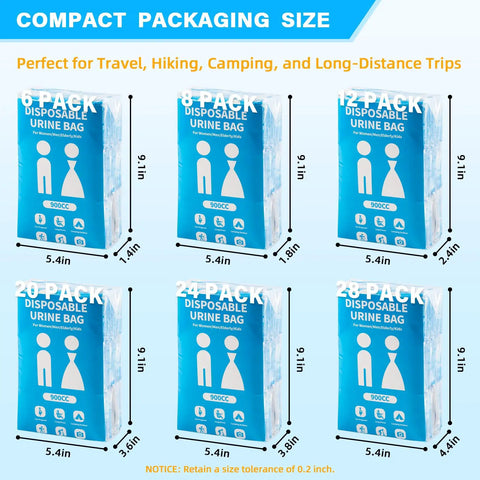 Packaging sizes of the 900Ml Portable Disposable Urine Bags 12 Pack for travel and car rides with measurements shown