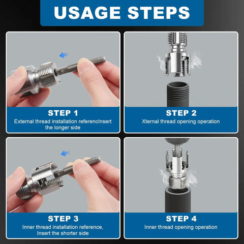 Four-step guide showing the Three Piece PVC Pipe Threading Tool Set For One Half Inch, Three Quarter Inch, And One Inch Pipes With Dual Internal And External Threaders, Carbon Steel Construction And Drill Compatibility For DIY Plumbing By Lustriix in use.