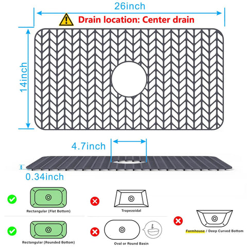 Silicone Kitchen Sink Mat Protector Grid For 12 To 30 Inch Sinks Non Slip Raised Feet Cushioned Protection For Glassware And Stainless Steel Or Ceramic Sinks Gray 26x14 Center