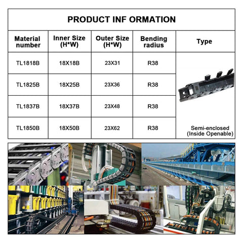 R38 18mm By 50mm Semi Enclosed Drag Chain Cable Carrier For CNC Machines, 1 Meter Length With End Connectors Black Inner Side Openable