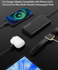 Retractable Car Charger With Four USB Ports Fast Charge Cable Built In Type C And Type A, charging devices on a black surface.