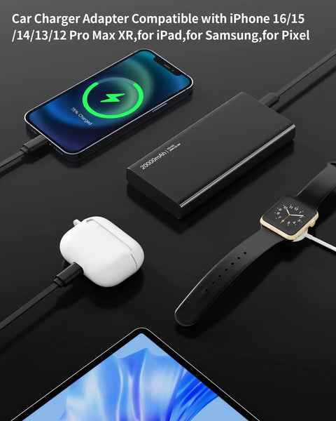 Retractable Car Charger With Four USB Ports Fast Charge Cable Built In Type C And Type A, charging devices on a black surface.