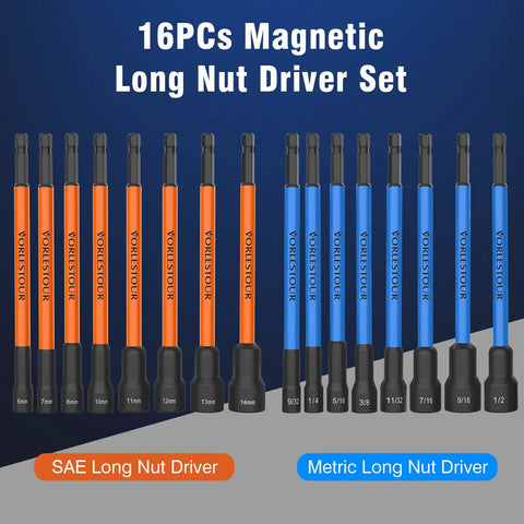 16-piece Magnetic Nut Driver Set For Impact Drill with Extra Long Six Inch Nut Drivers in SAE and Metric sizes