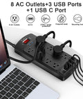 Rock Solid Flat Plug Surge Protector Power Strip With Eight AC Outlets And Four USB Charging Ports Including Type C Fast Charge 6 Foot Heavy Duty Extension Cord on desk near laptop