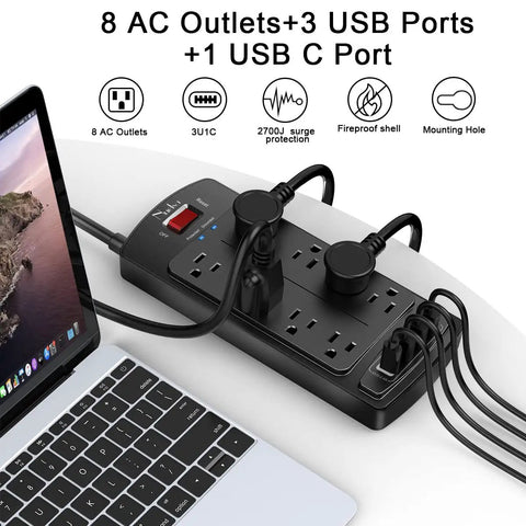 Rock Solid Flat Plug Surge Protector Power Strip With Eight AC Outlets And Four USB Charging Ports Including Type C Fast Charge 6 Foot Heavy Duty Extension Cord on desk near laptop