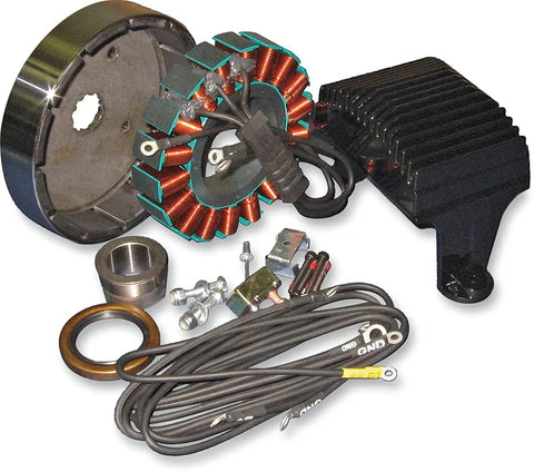 Heavy Duty Alternator Kit With Bulletproof Voltage Regulator And Street Proven Stator For Harley Flh And Flt Machines Years 2009 To 2010 Featuring Upgraded Compensator components laid out on a white background.