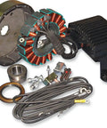 Premium Harley Davidson Dyna And Touring Alternator Kit Bundle With Bulletproof Stator Heavy Duty Regulator components laying flat.