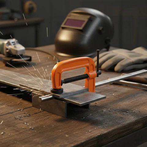 Heavy Duty Orange Iron G-Clamp For Woodworking And Diy Projects. 1 Inch Adjustable C Clamp securing metal on a workbench.