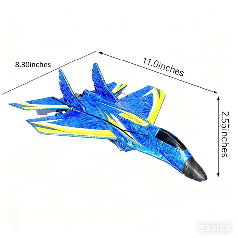 Blue Kids 2.4GHz RC Airplane With Gyro Stabilization And Night Flying LED Lights Ready To Fly, dimensions labeled