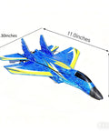 Blue and yellow Ready To Fly 2 Channel RC Airplane with Gyro for Kids and Adults Durable EPP Foam Jet Toy dimensions view