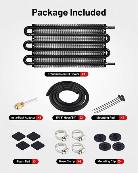 Universal Aluminum Transmission Cooler Kit With Six Pass Tube And Fin Design For Most Vehicles With Five Sixteenth Inch Lines