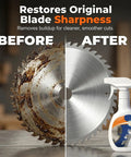 Heavy Duty Saw Blade Cleaner Spray For Quick Resin And Pitch Cleanup next to a clean and dirty saw blade side by side.