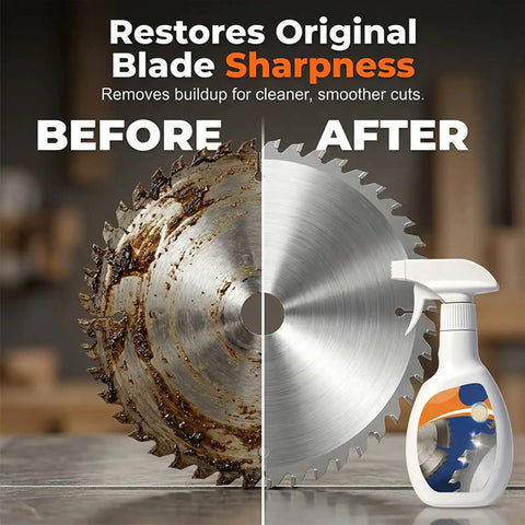 Heavy Duty Saw Blade Cleaner Spray For Quick Resin And Pitch Cleanup next to a clean and dirty saw blade side by side.