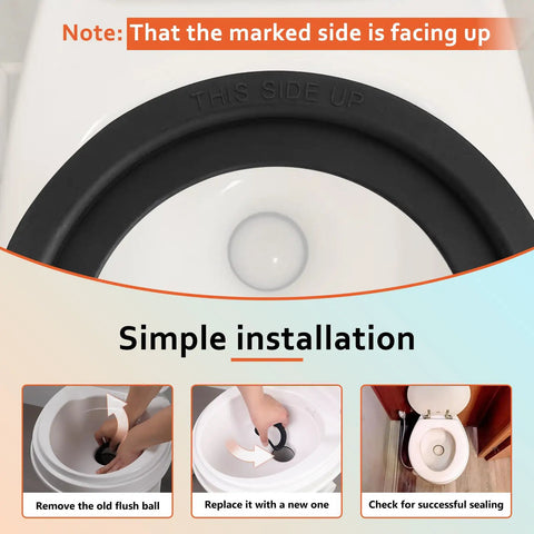 RV Toilet Flush Ball Seal for Dometics 300 310 320 Series Two Pack, Leak Proof Fit Keeps Your RV Bathroom Dry, Easy Install, No More Messy Flushes, Reliable Seal for Quiet, Clean Rides. Black rubber seal marked this side up, simple install