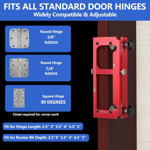 Pro Grade Aluminum Door Hinge Jig Kit For Router Use Adjustable Mortise Template installed on door, fits 2.5 to 5 inch hinges