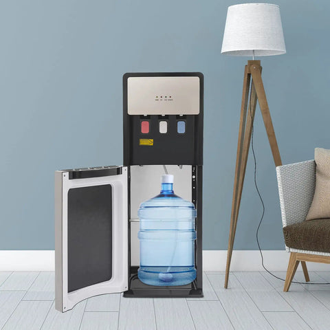 Bottom Loading Water Dispenser With Three Water Modes Hot Cold And Room Temperature with open door showcasing water bottle