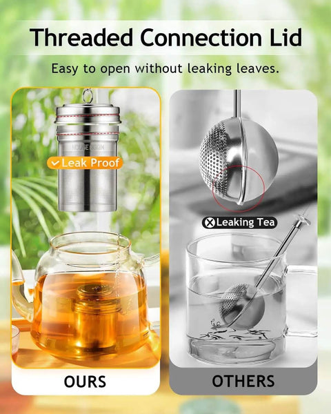 Comparison showing Two Pack Extra Fine Micron Mesh Tea Infusers With Extended Chain Hook in a pot versus a generic tea infuser.