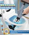 Heavy Duty High Pressure Toilet Plunger And Air Drain Blaster That Kicks Stubborn Clogs To The Curb Fast Saves You Serious Dough On Plumbers And Keeps Your Bathroom Running Smooth In Sleek Grey Finish, shown in use clearing a toilet.