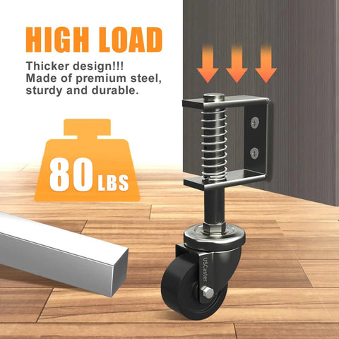 2 Inch Gate Caster Wheel for Wooden Gates, 80 lb capacity, spring-loaded design, shown on a wooden surface, black color.