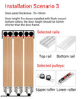 Built Tough Heavy Duty Triple Track Sliding Door Hardware Kit With Aluminum Rails installation showing rails and pulleys