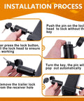 Installation steps for Heavy Duty Trailer Hitch Lock With 5/8 Inch Pin, 3-1/2 Inch Long, showing locking and unlocking process