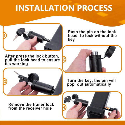 Installation steps for Heavy Duty Trailer Hitch Lock With 5/8 Inch Pin, 3-1/2 Inch Long, showing locking and unlocking process