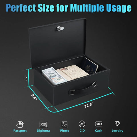 Fire Resistant Safe Box With Key Lock For Home And Office Security Keep Your Valuables And Important Docs Safe And Dry Protect Your Digital Media In A Sturdy Steel Chest Compact 12.8 X 8.5 X 4.5 Inches Black open with documents inside