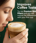 Woman enjoying coffee using Water Filter Replacement Starter Kit For 2.0 And K Duo Coffee Makers With Short Filter Holder And 3 Pack Cartridges
