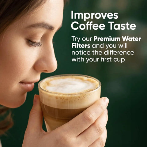 Woman enjoying coffee using Water Filter Replacement Starter Kit For 2.0 And K Duo Coffee Makers With Short Filter Holder And 3 Pack Cartridges