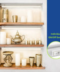 Linkable LED T5 Under Cabinet and Closet Light Bar 2Ft 9W 800 Lumens 4000K installed under wooden kitchen shelves with decor.