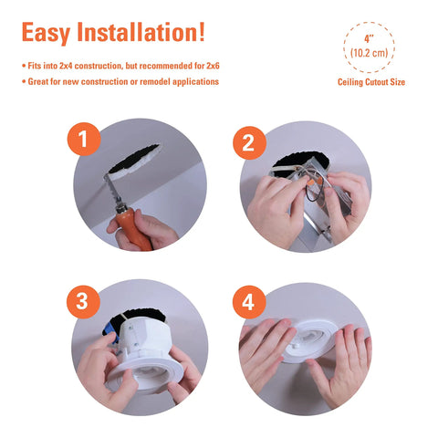 Installation steps for 4 Inch Canless Recessed LED Downlight For Sloped Ceilings With Adjustable Tilt From 9 To 45 Degrees