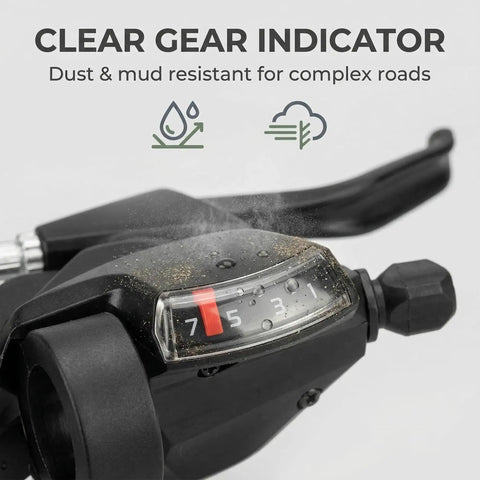 Close-up of 7 Speed Right Thumb Bike Shifter with gear indicator showing number 7, dust and mud resistant, ergonomic black design.