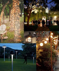 Various outdoor lighting setups including hanging lights on trees, path lights, and exterior wall lanterns at night.