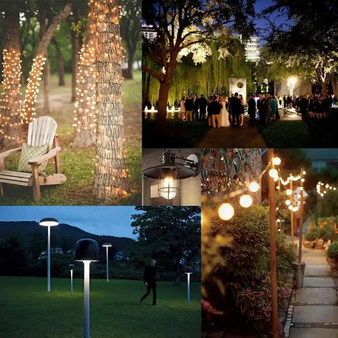 Various outdoor lighting setups including hanging lights on trees, path lights, and exterior wall lanterns at night.
