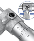 Close-up view of Pro Grade Outside Micrometer Set With Four 0-1 Inch, 1-2 Inch, 2-3 Inch, 3-4 Inch Ranges, 0.0001 Inch Graduation, alloy tools.