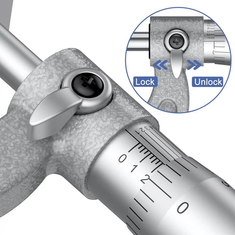 Close-up view of Pro Grade Outside Micrometer Set With Four 0-1 Inch, 1-2 Inch, 2-3 Inch, 3-4 Inch Ranges, 0.0001 Inch Graduation, alloy tools.